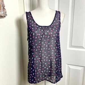 Daisies Pink White Ribbon Bow Printed Sheer Swing Navy Tank Size Medium